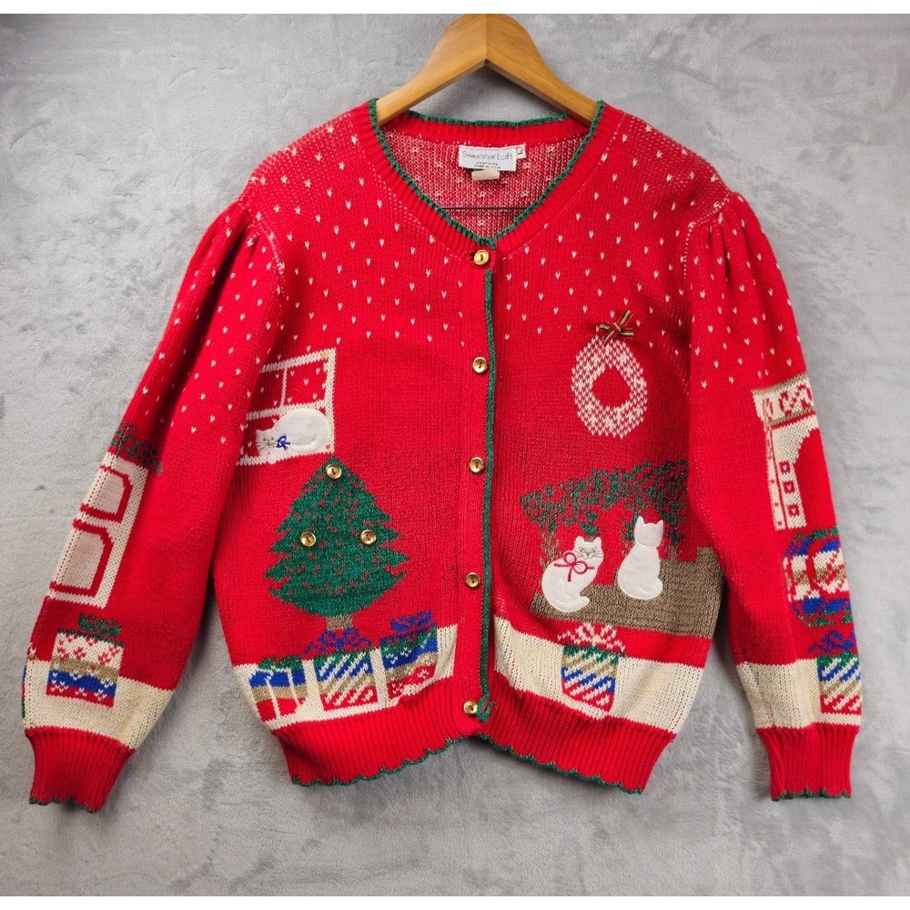 Sweater Loft Christmas Cardigan Cottage Grannycore Cats Ugly Vintage 80s Size L